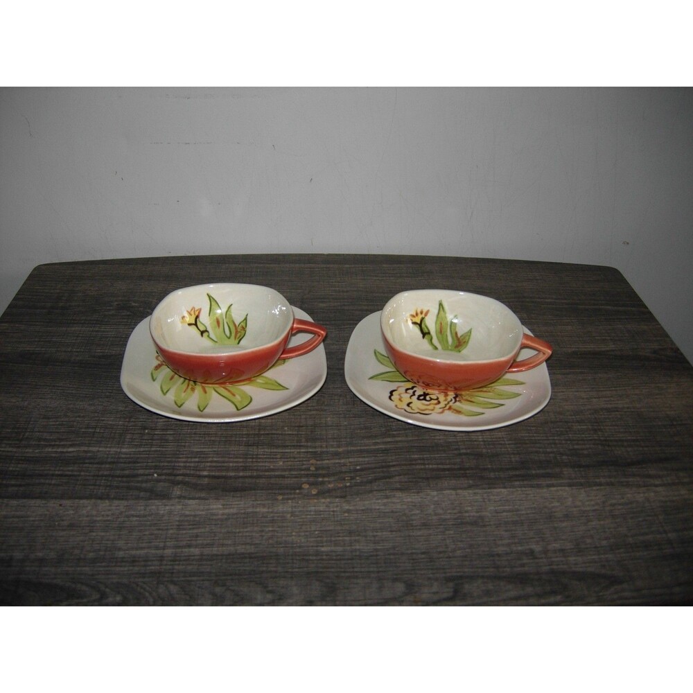 2 Vintage Red Wing Pottery Zinnia Cup & Saucers